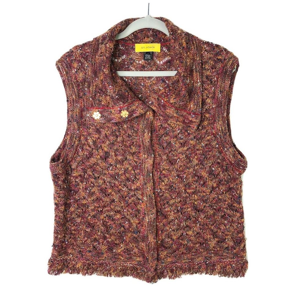 St. John Tweed Wool Alpaca Knit Vest Snap Buttons Fringe Brown Orange Size Large